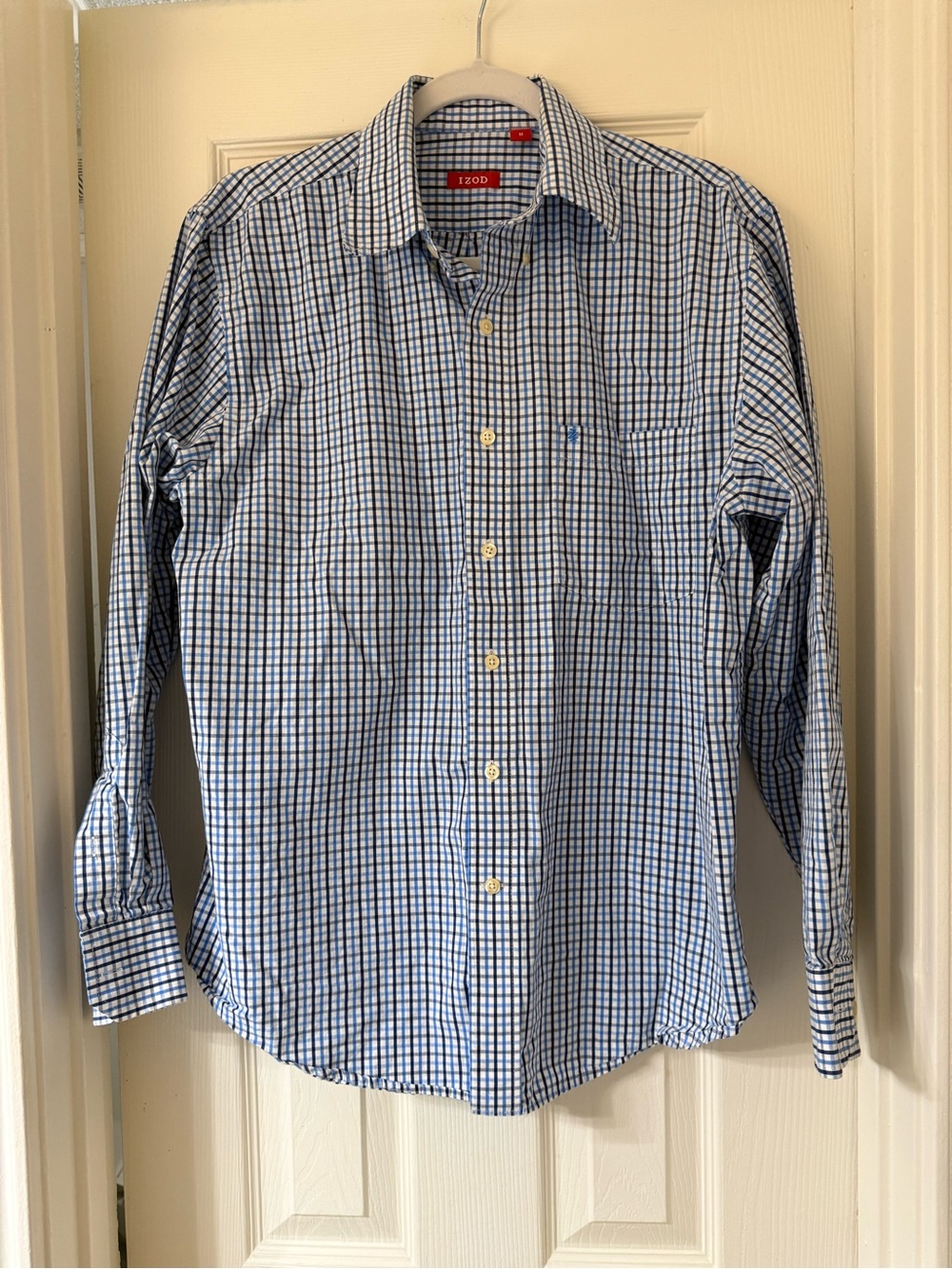 Izod Men's Blue and White Checked Button-Up Dress Shirt